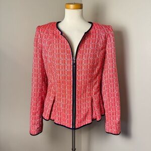 TOMMY HILFIGER Peplum Tweed Zip Front Casual Blazer w/ Trim RED-NAVY / SIZE 12